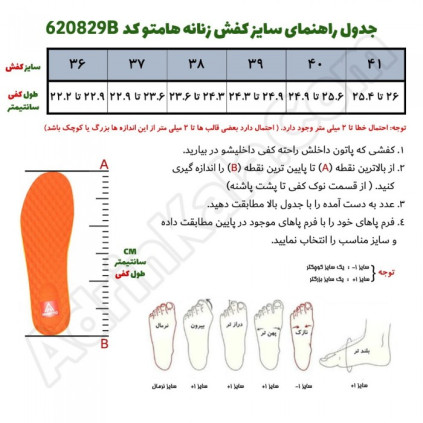 جدول راهنمای سایز کفش زنانه هامتو کد 620829B-2